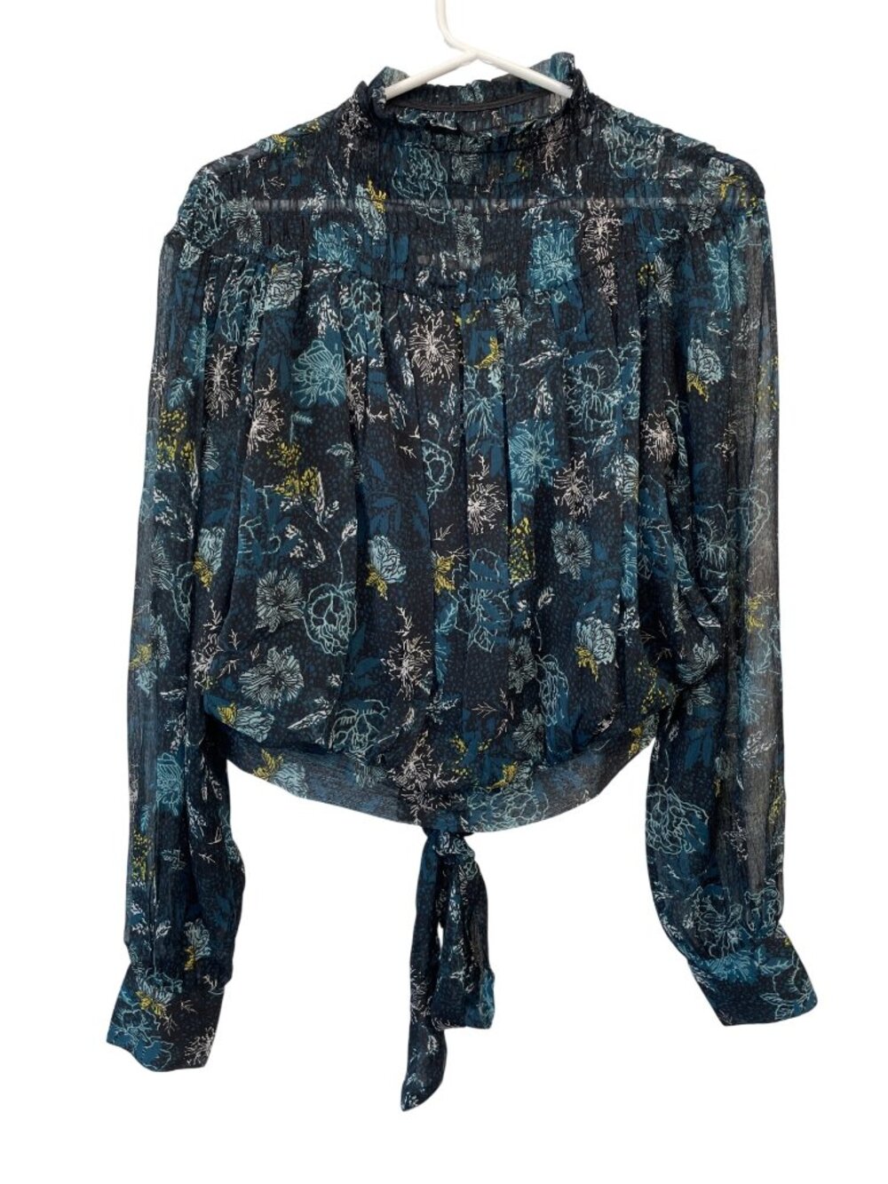Bishop + Young Blouse XS Sheer Floral Tie Front Long Sleeve Black Blue Witchy